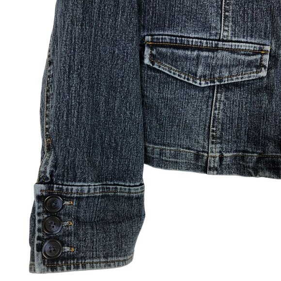 Mossimo Denim Cropped Jacket Sz Medium Mandarin Collar Button-Up Stretch Cotton - Picture 5 of 8